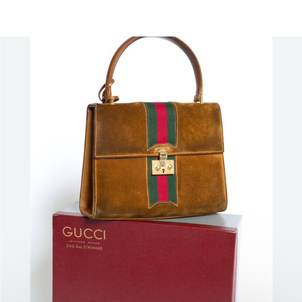 ISO  Gucci Tan Leather Satchel with Green and Red Stripe